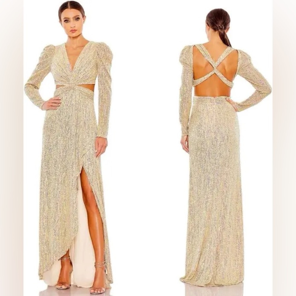 Gold Metallic Puff Sleeve Front Twist Cut Out Gown